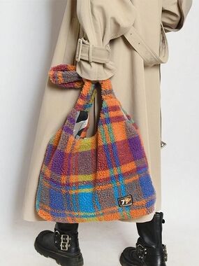 New Colorful Plaid Sherpa Tote Bag - Multicolor